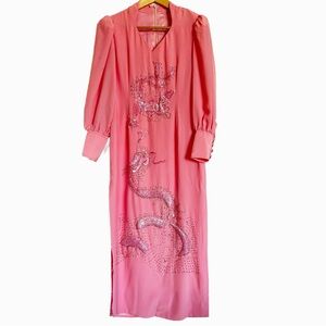 Vintage Pink Maxi Dress Long Sleeves Sequin Beaded Dragon Design Evening Glam S
